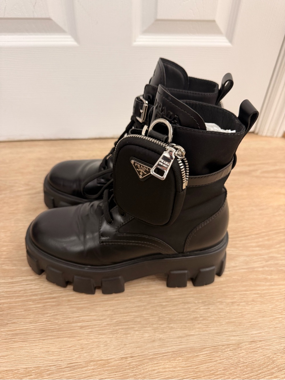 Prada Black Monolith Leather and Re-Nylon combat boots with Pouch Size 38